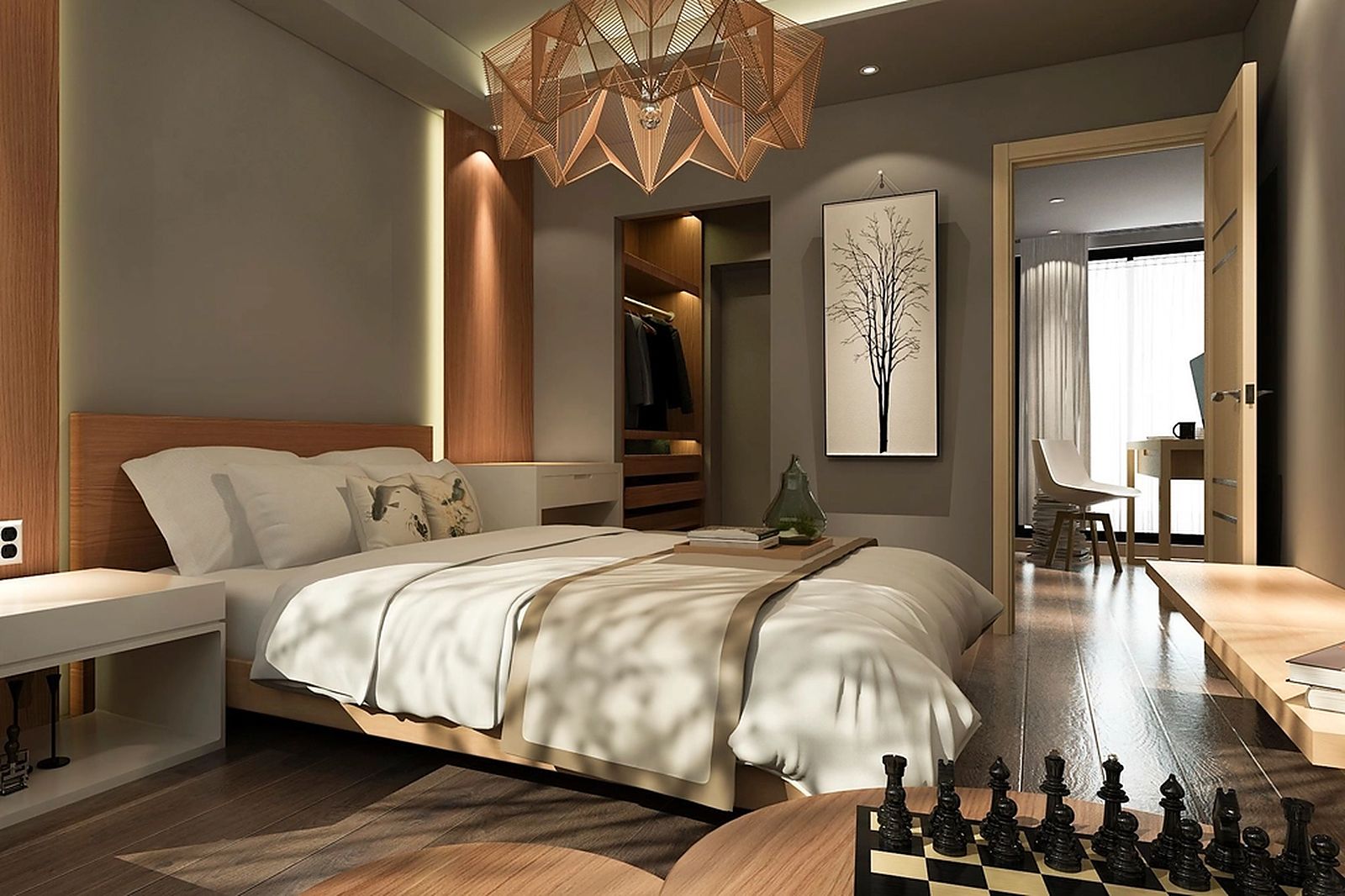 Serene bedroom in warm neutral tones with linen textures