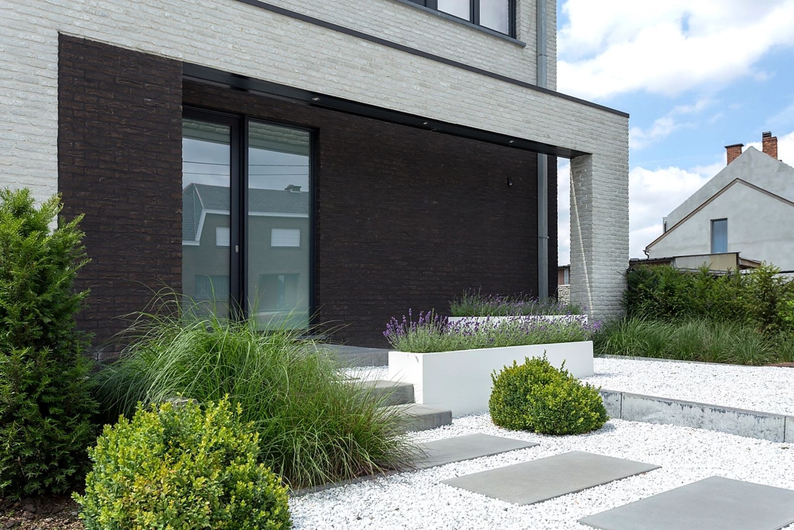 Landscaped grounds around a modern villa